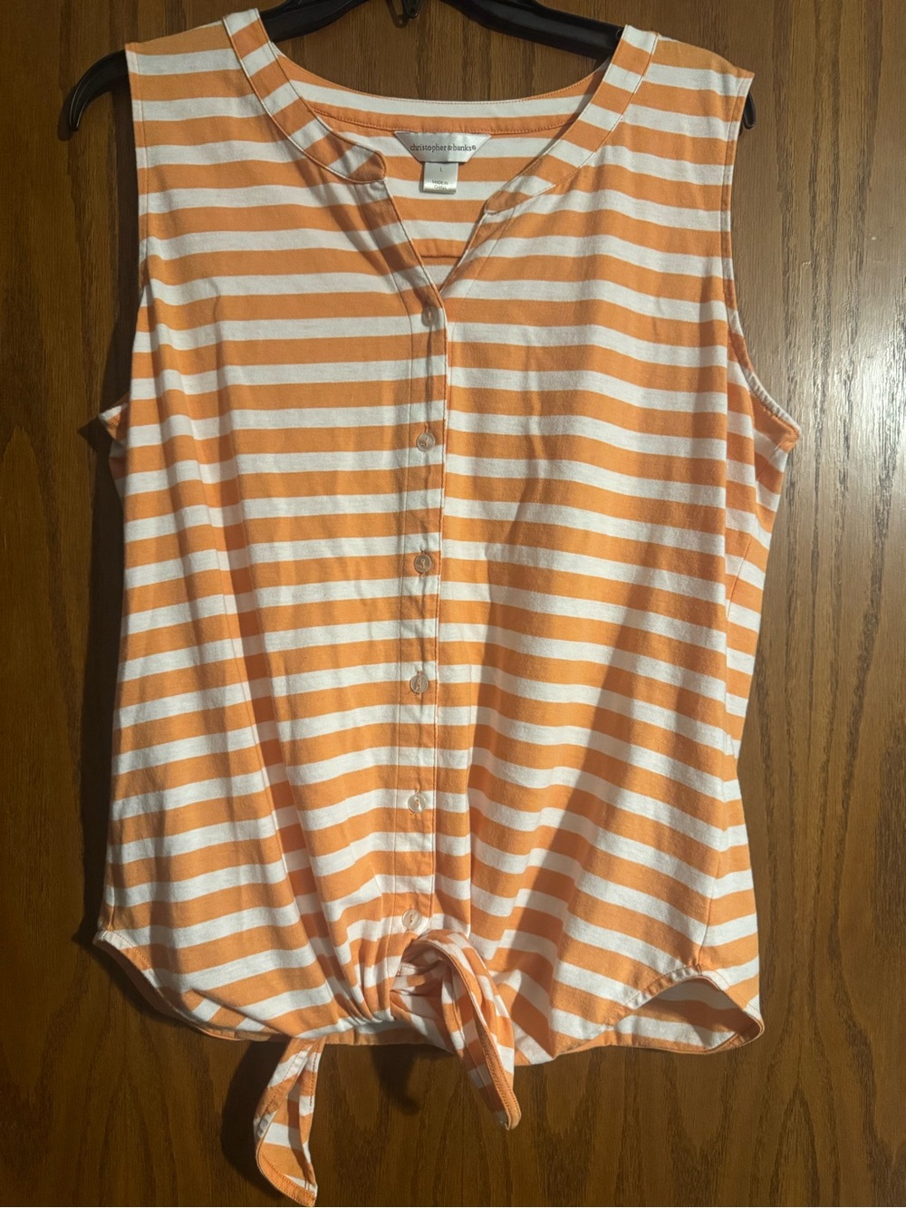 Christopher & Banks Orange and White Striped Tie-Hem Sleeveless Button Front Top